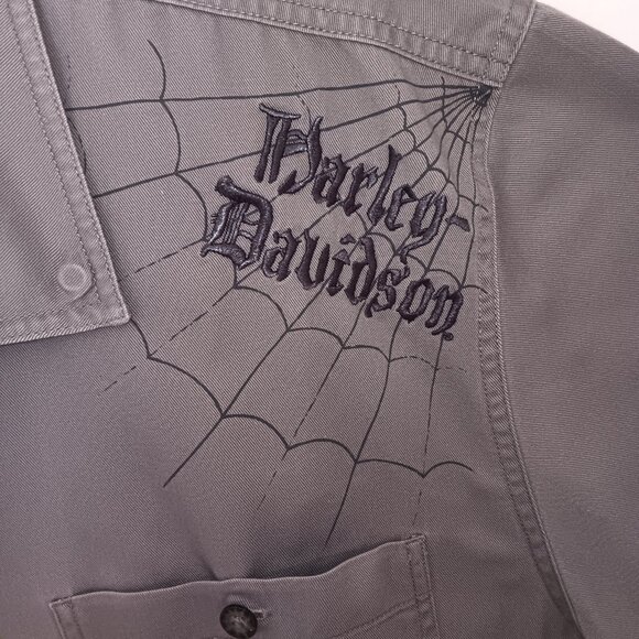 Harley Davidson Skull Graphic Button Up Short Sleeve Shirt Gray Size 2XL - Picture 2 of 12